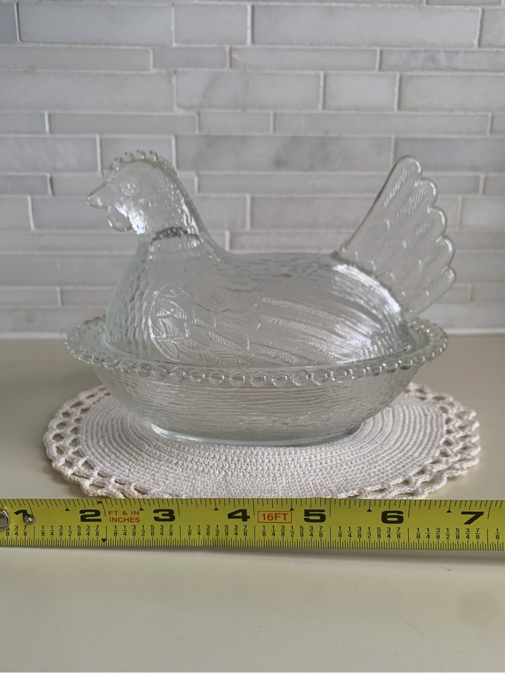 Vintage Indiana Glass Hen on Nest Clear Crystal Beaded Covered Dish - Picture 2 of 15